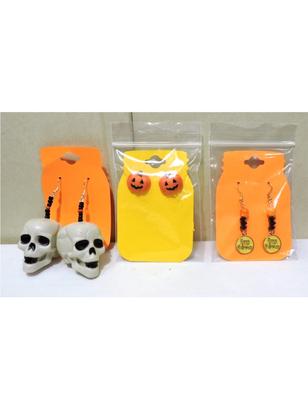 3 Pair Halloween Colorful Earrings Handcrafted Skull, Pumpkin, Happy Halloween